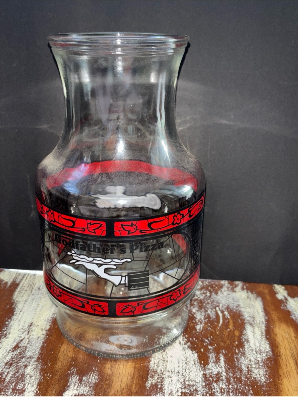 Godfather's Pizza Vintage Glass Carafe- Red and Black Trim